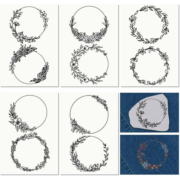 5 Sheets Wreath Leaf Water Soluble Embroidery Stabilizers Hand Sewing Insect Stick and Stitch Transfers Paper Wash Away Pre-Printed Self Adhesive Patterns for Cloth Sewing Lovers Beginner