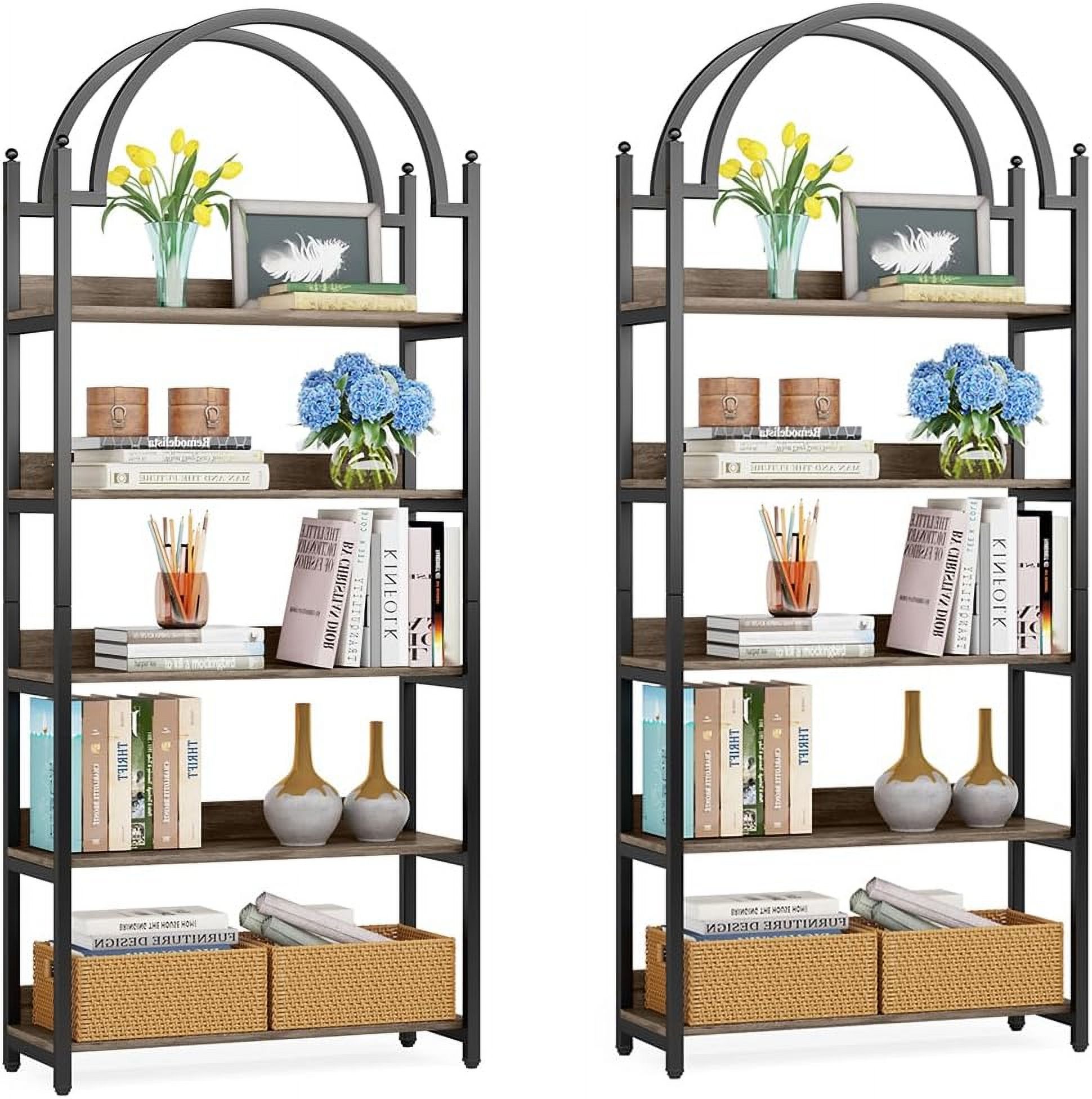 5Shelf Arched Bookcase 72 inch Tall Rustic Wood Shelf with Black Metal