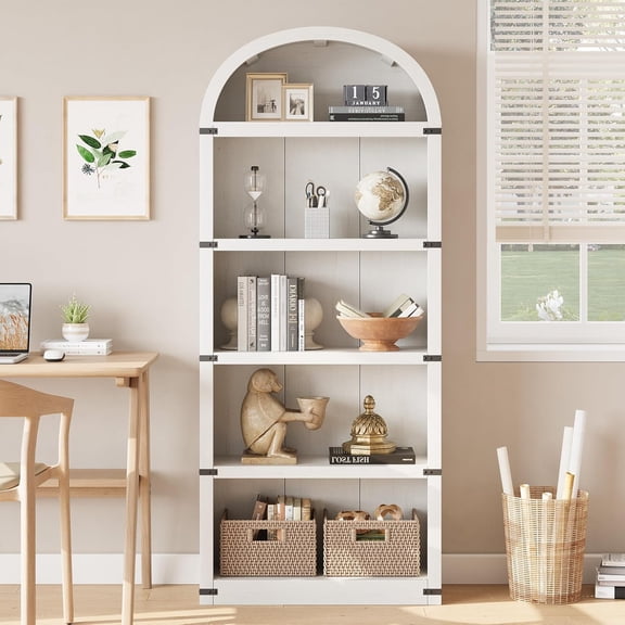 5-Shelf Arched Bookcase - Farmhouse Wooden Bookshelf with Metal Corner Protection for Display Storage, White, Without door