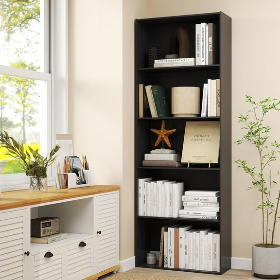 5 Shelf Bookcase, 64 inch Tall Bookshelves and Bookcases, Wooden Open Display Storage Organizer Shelves, Floor Standing Unit, 5 Tier Bookshelf for Bedroom Living Room (Black)