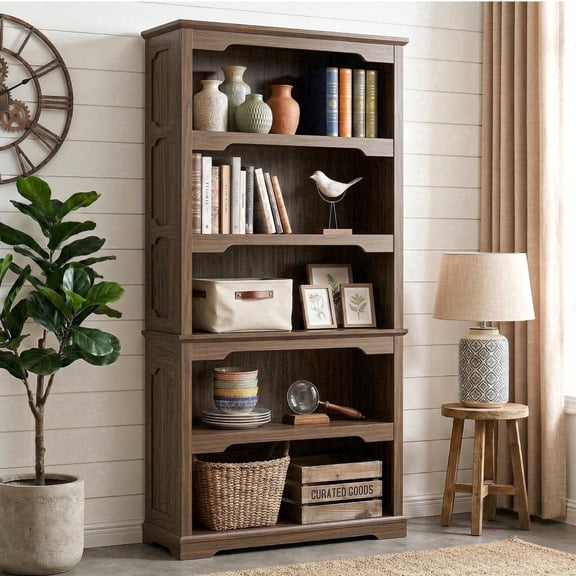 Farmhouse 70" 5-Shelf Open Bookcase, Walnut Standing Bookshelf for Home & Living Room