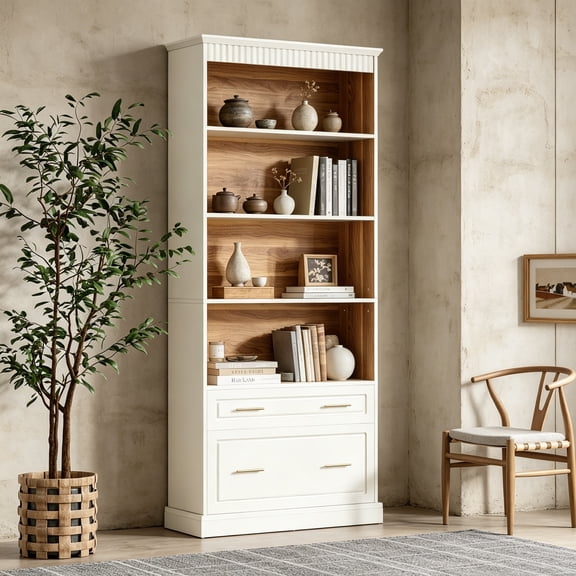 5-Shelf Bookcase with File Cabinet Drawer, 72-Inch Tall Bookshelf, Modern Free-Standing Wood Bookcase, Large Open Display Storage Shelf for Living Room, White