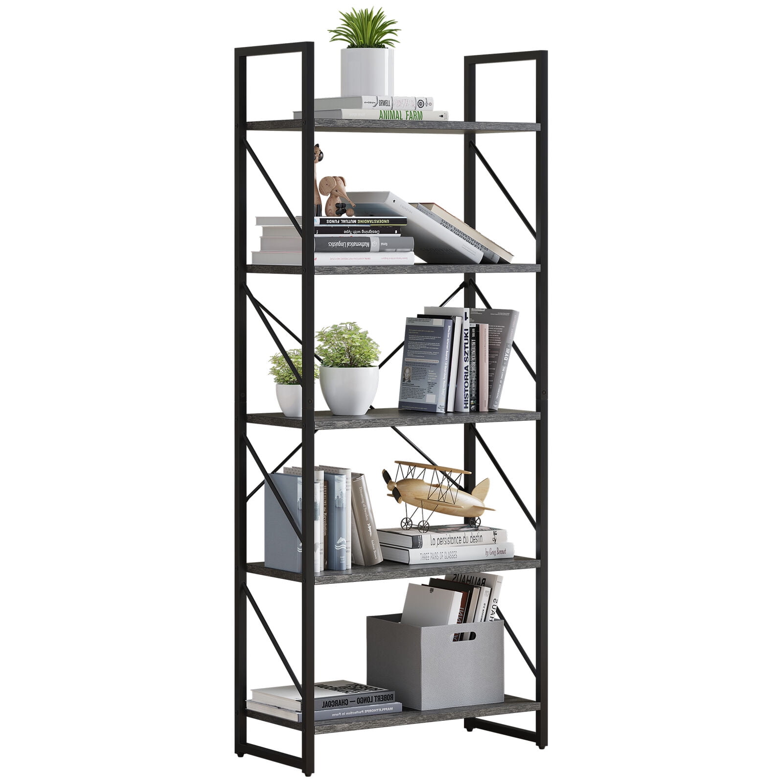 5 Shelf Bookcase Industrial Rustic Vintage Open Storage Metal & Wood