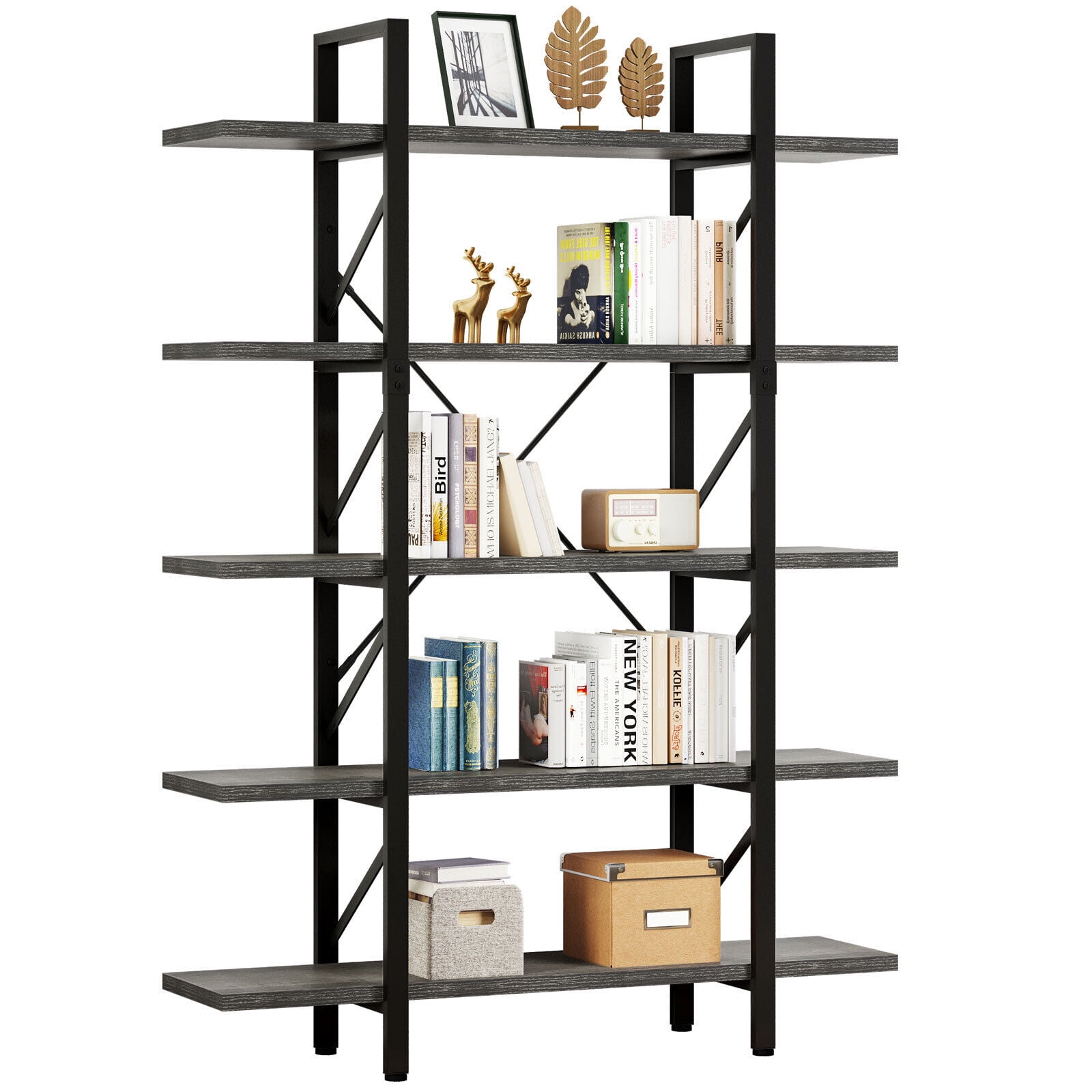 5 Shelf Bookcase Industrial Rustic Vintage Open Storage Metal & Wood