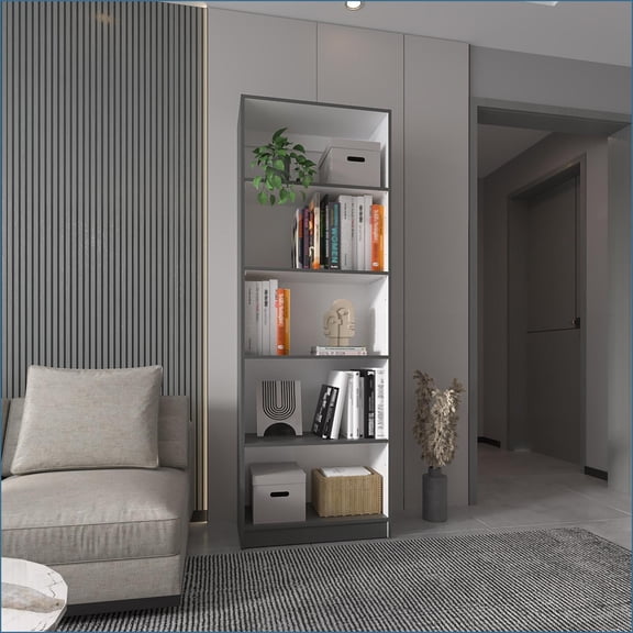 5-Shelf Bookcase, Matte Gray & Off-White Classic Style | Grey+White | Primary Living Space