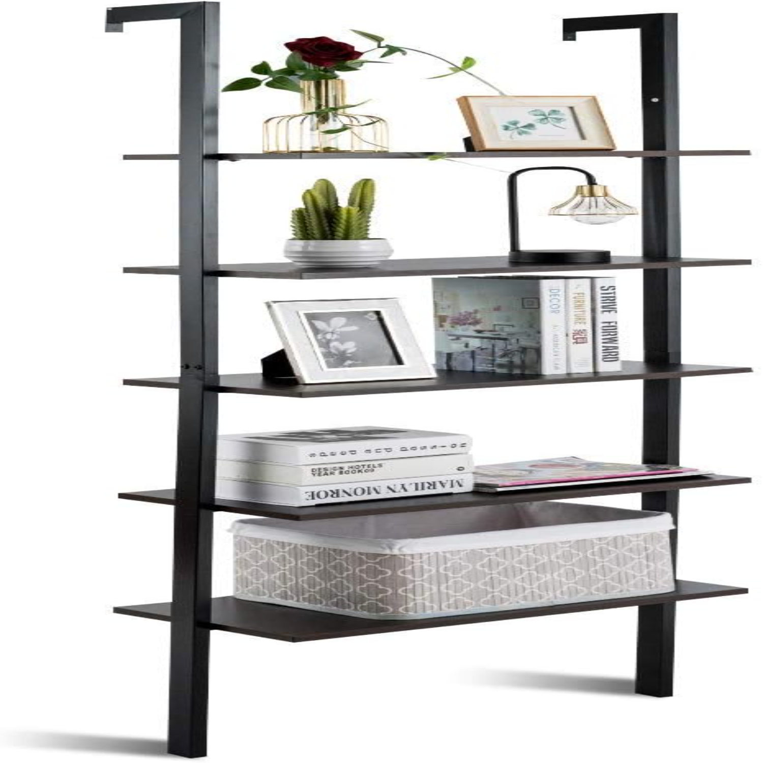 5Shelf Bookcase Modern 5Tier Wood Wall Mounted Ladder Bookshelf with