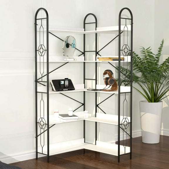 5 Shelf Bookcase,Modern Corner Bookshelf,Large Open Shelf Display Bookcase,Tall Bookshelves Storage Display Rack for Bedroom, Living Room,White