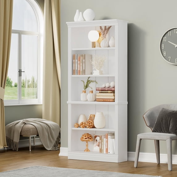5-Shelf Bookcase, Wooden Standing Rack Book Storage Shelves Furniture Selection for Living Room, Bedroom, Home Office (White)