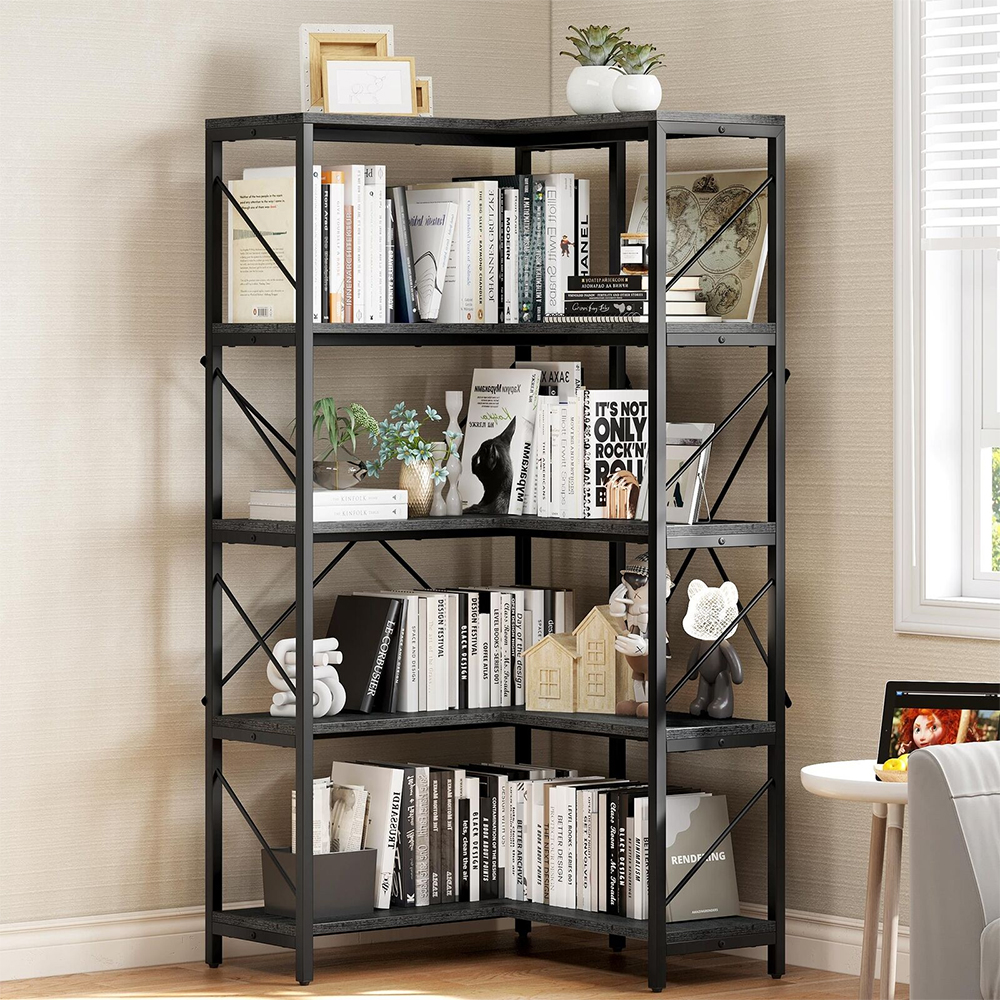 5Shelf Corner Bookshelf, Large Corner Book Shelves Storage Display