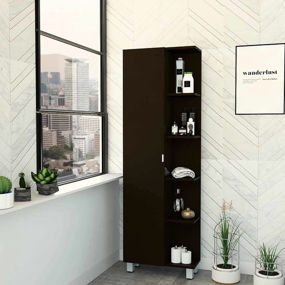 5-Shelf Corner Cabinet | Fit Well in Different Spaces | Black Wengue Manufactured Wood | Provide Functional Storage