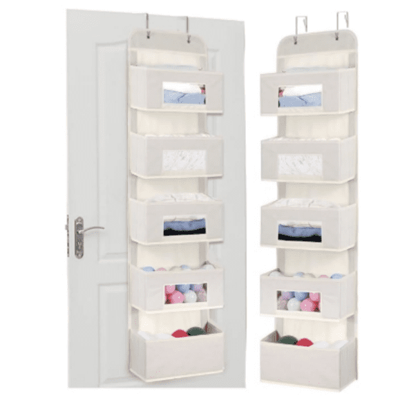 5-Shelf Over The Door Hanging Organizer with 2 Metal Hooks, 5 Pocket Over The Door Wall Mount Storage with Clear Windows for Baby Nursery Bathroom Closet,Bedroom,Dorm,Diapers,Kids(Beige)