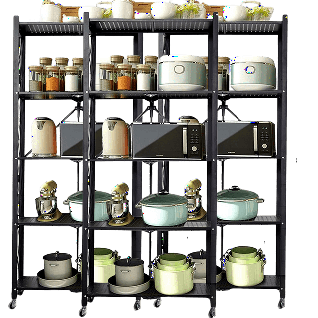 5Shelf Foldable Storage Shelves with Wheels,Kitchen Shelves Freestanding Foldable Metal Storage