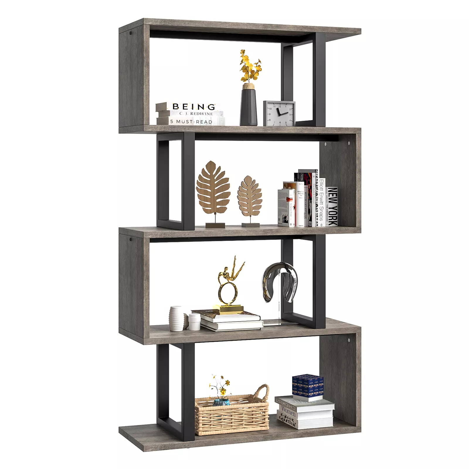 5 Shelf Geometric Bookcase Bookcase S-Shaped Wooden Book Open Display
