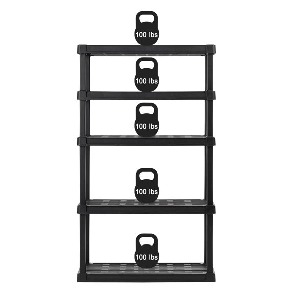 5-Shelf Heavy Duty Plastic Storage Shelves, 750 LBS Capacity, 68" H x 36" W x 18" D, Large Modular Shelving Unit Storage Organizer for Garage, Home, Warehouse & Gym, Black