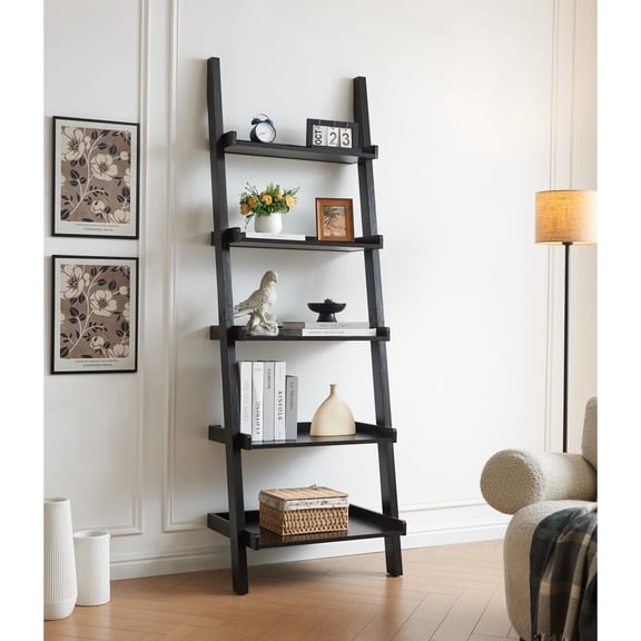 5-Shelf Ladder Bookcase Modern Floating Design Multi-Depth Shelves with Rounded Corners
