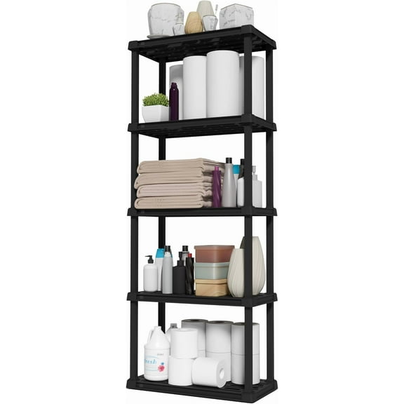 5-Shelf Light Duty Plastic Storage Shelves, 250lb Capacity, 64" H x 24" W x 12" D, Medium Modular Shelving Unit Storage Organizer for Bathroom, Laundry, Garage & Home, Storage Rack - Black