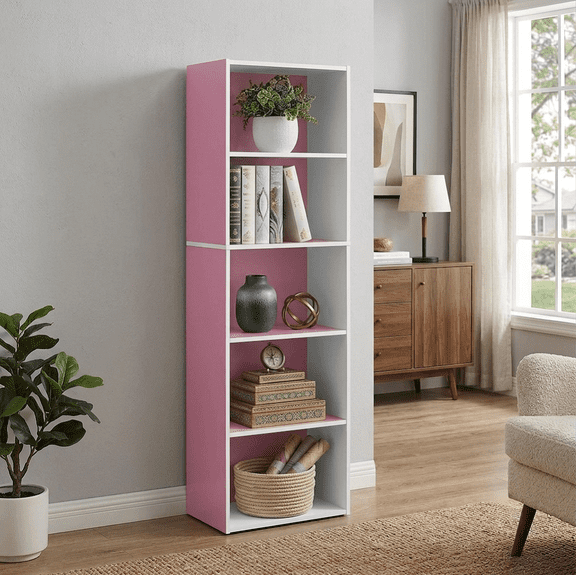 5-Shelf Open Bookcase, Pink and White Cube Storage Organizer, Multipurpose Wooden Display Shelf for Home Office, Playroom, Bedroom, 52-Inch High