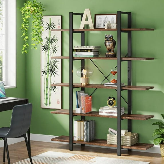 5-Shelf Rustic Extra-Large Bookcase - 72"H×47"L×12"W, 14.2" Compartment Height, E1 Engineered Wood & Solid Steel Tube Frame, Non-Slip Leg Pads, for Living Room/Home Office/Study