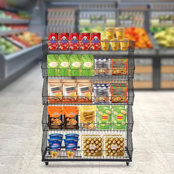 5-Shelf Shelving Unit, Wire Storage Shelf with Wheels 35.4" Wx17.7 Dx55 H Retail Display Rack, Fruit Vegetable Snack Basket for Kitchen Garage Pantry, 44lbs Capacity Per Tier