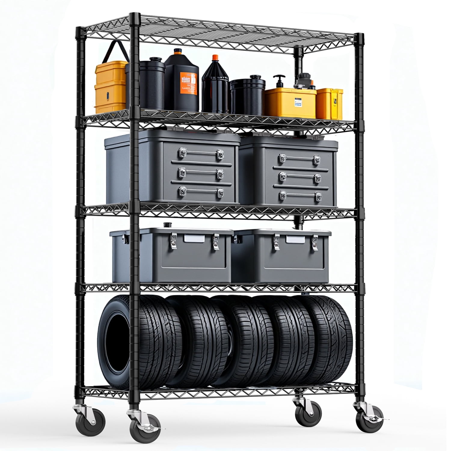 5-Shelf Storage Shelves, Wire Shelving Heavy Duty Metal Storage Shelving Unit Adjustable Garage Shelving Rack Pantry Kitchen (Black, 5 Tier, 17.7" D x 47.2" W x 75.6" H)