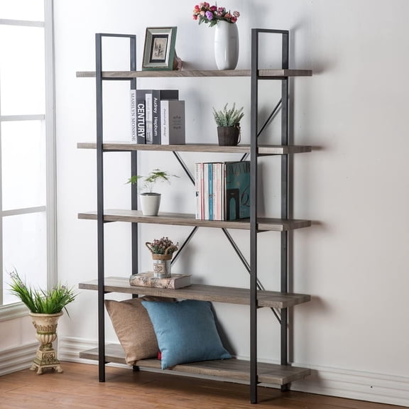 5-Shelf Vintage Industrial Rustic Bookshelf, 5 Tier Wood and Metal Bookcase, Open Etagere Book Shelf, Farmhouse Wooden Bookshelves, Light Grey Oak