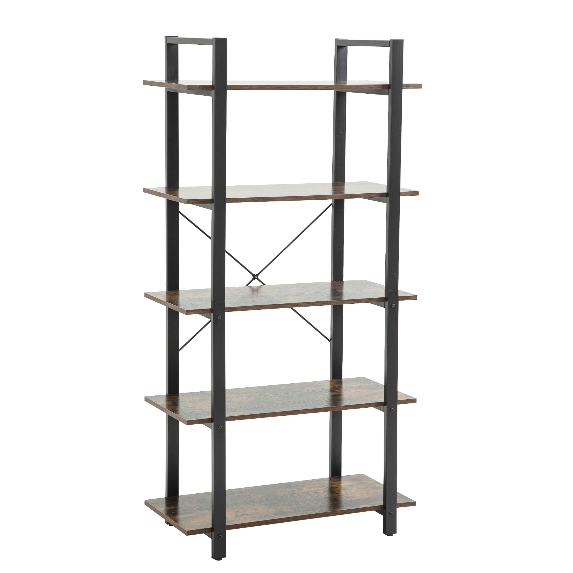 Industrial Brown Wood and Metal 5-Tier Bookshelf