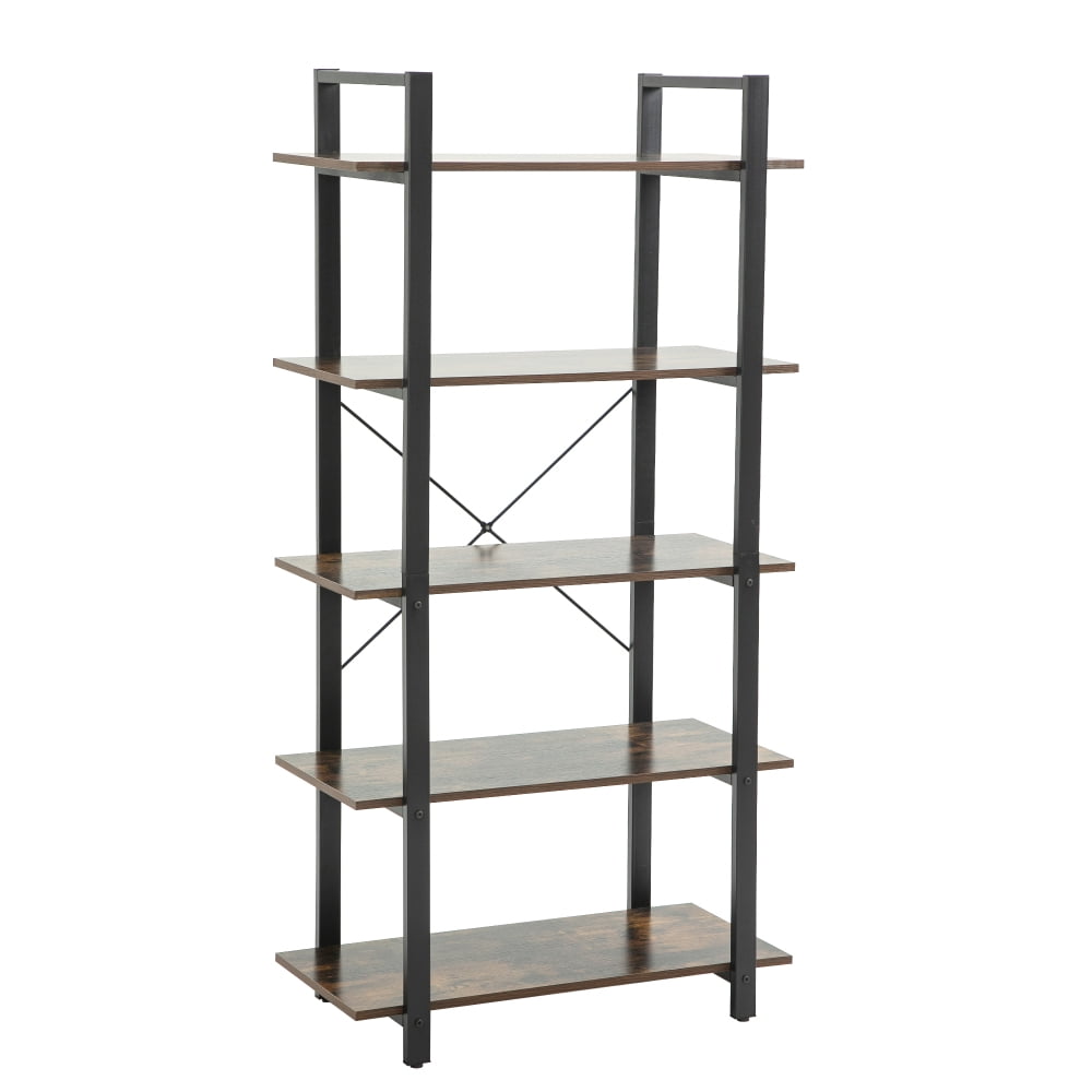 Industrial Brown Wood and Metal 5-Tier Bookshelf