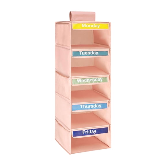 5-Shelf Weekly Clothes Organizer for Kids with 6 Side Pockets, Days of The Week Hanging Closet Organizer Storage Shelves for School Outfits, Dorm Room Essential