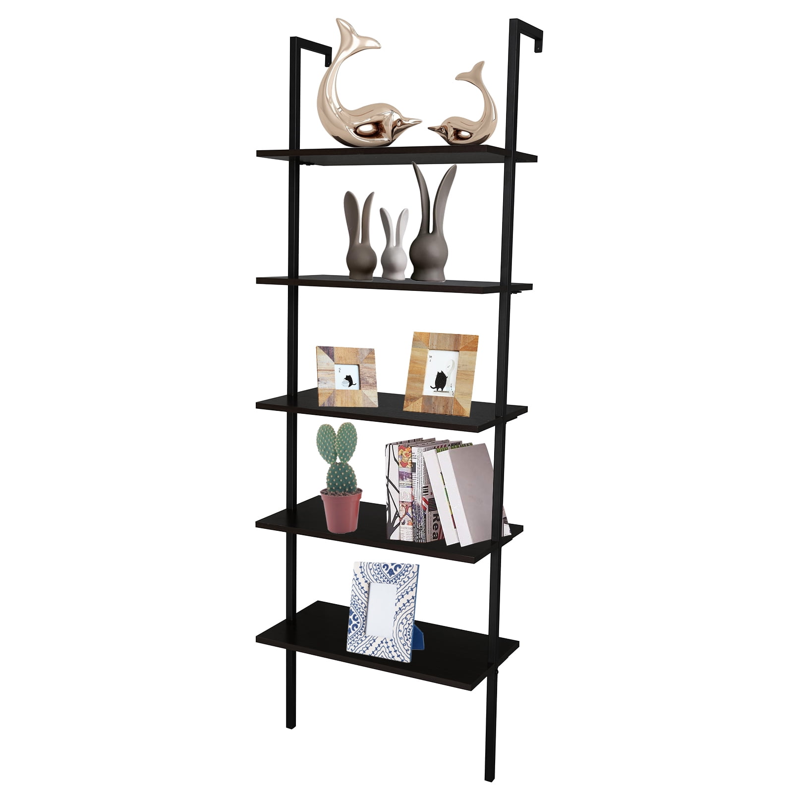 Walnut & Matte Black 5-Tier Ladder Bookshelf for Modern Spaces