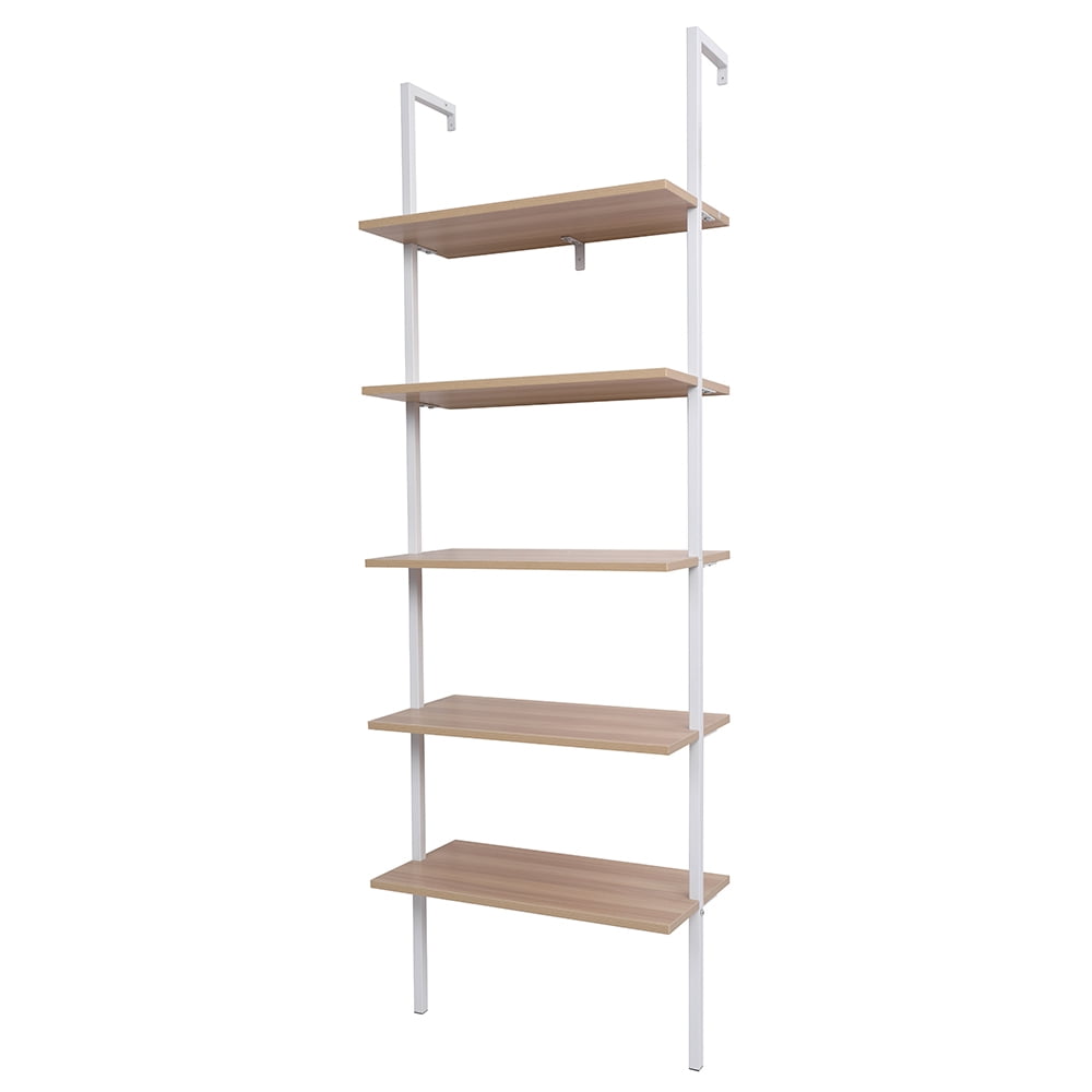 5-Shelf Wood Ladder Bookcase with Metal Frame, Industrial 5-Tier Modern Ladder Shelf Wood Shelves, For Living Room, Bedroom & Office​ Walnut