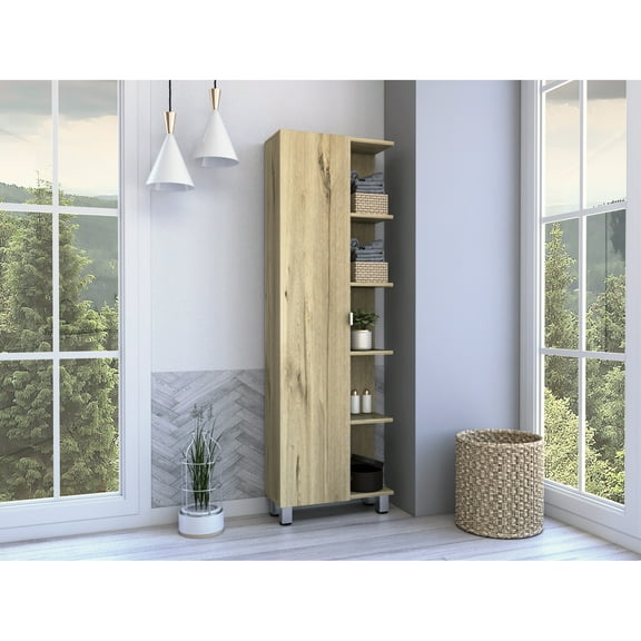 5+ Shelves Bathroom Cabinet In Beige - 1 Door, 60 & Above Height, Storage Cabinet, Above,