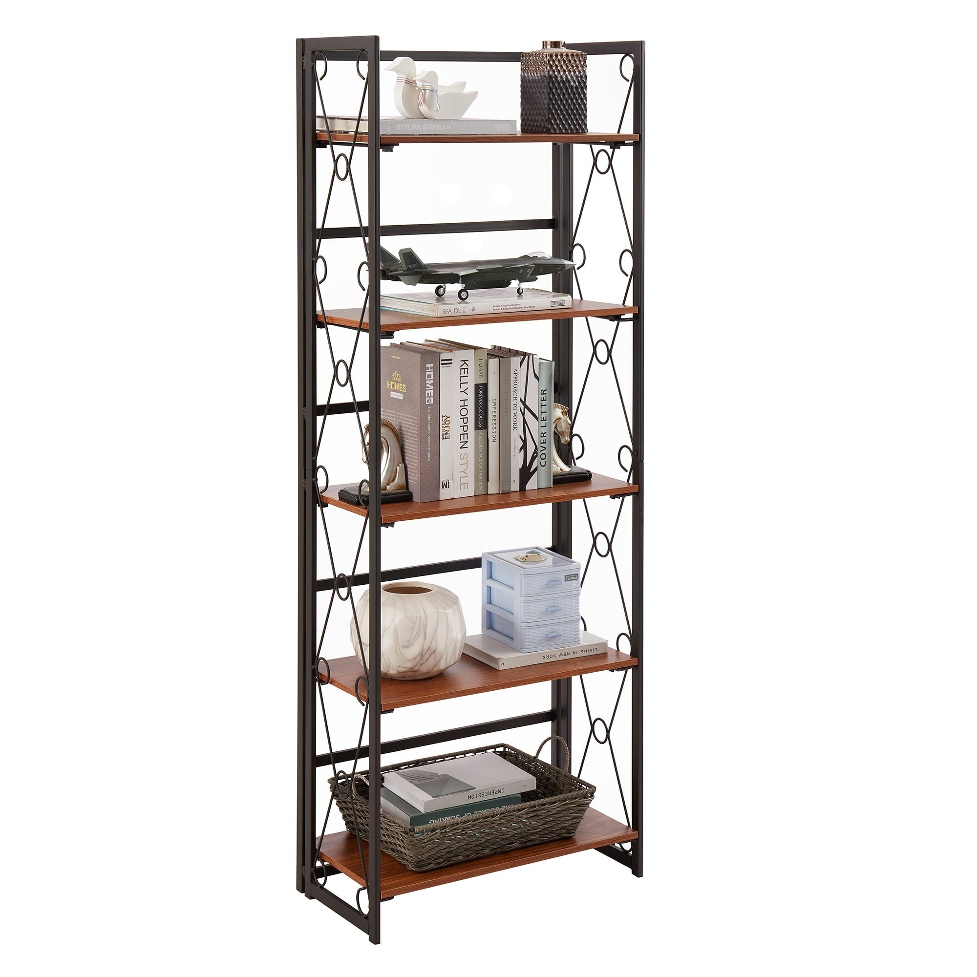 5Shelves Bookshelf Industrial Folding Wooden Bookcase with Metal Frame