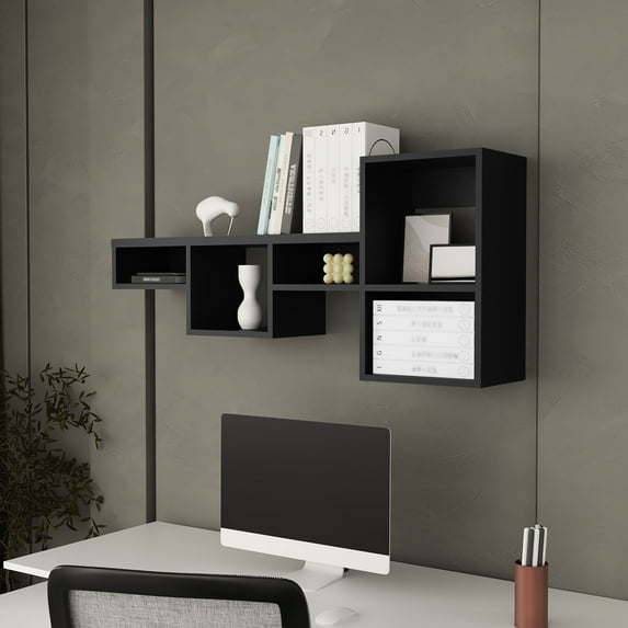 5 Shelves Wall Mounted Shelf Unit, Black - Improves Home Decor Grandeur 5-shelf Unit Perfect For & Space Saving