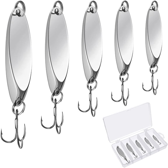 5-Size Metal Casting Spoon Lures – 1/5-3/4oz Salt/Freshwater |   Treble Hooks Spinner Action, Durable, Must-Have for Salmon/Bass/Trout Anglers