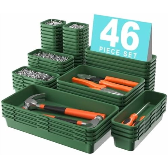 【𝟰𝟲𝗣𝗖𝗦 & 5 Size】 Tool Box Organizer Tray Divider Set,【Army Green】 Desk Drawer Organizer,Garage Organization and Storage Toolbox Accessories Rolling Tool Chest Cart WorkBench Small Part