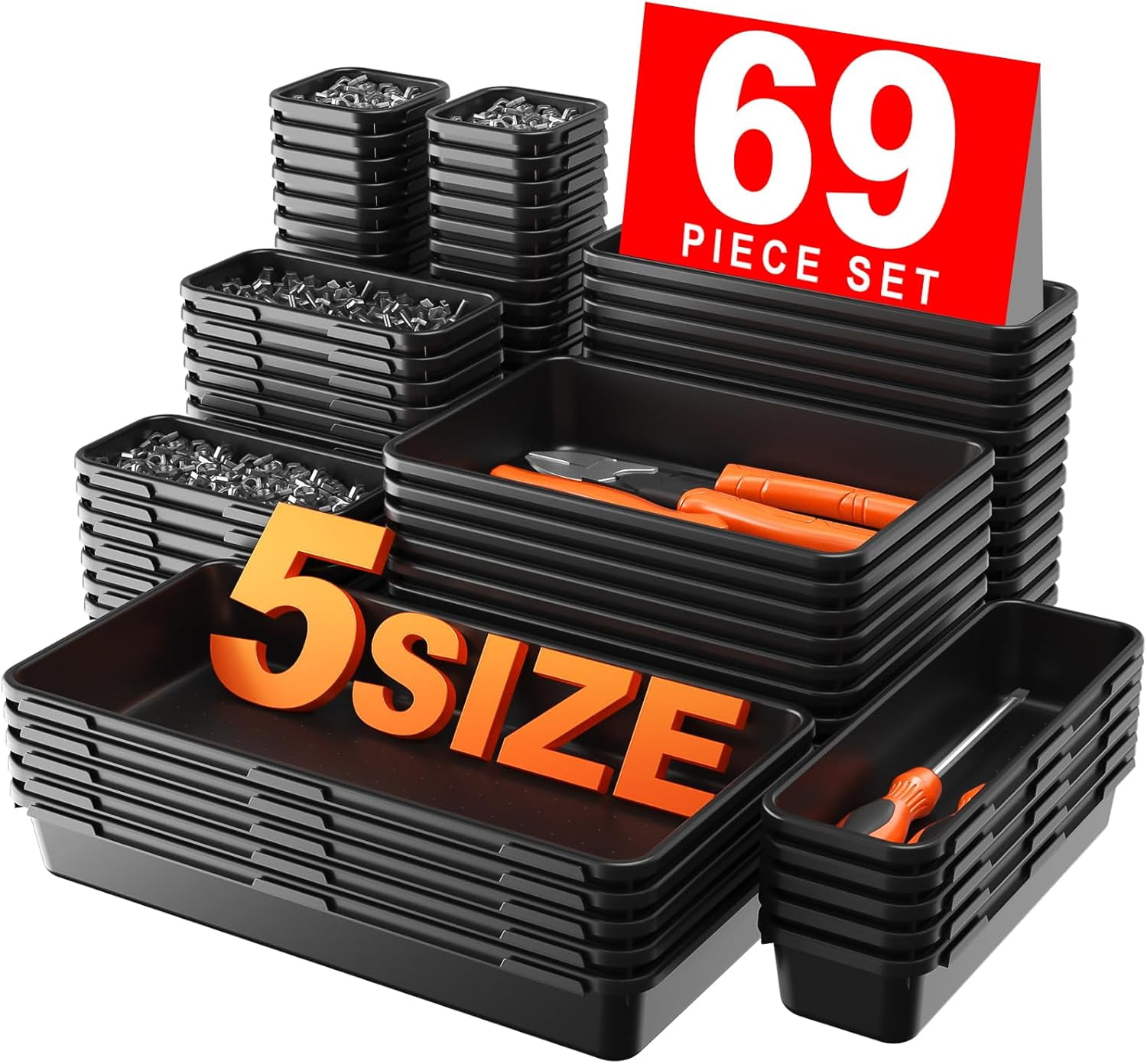 【𝟱𝟴𝗣𝗰𝘀】【5 Size】 Tool Box Organizer Tray Divider Set, 【Black】 Desk Drawer Organizer, Garage Organization and Storage Toolbox Accessories Rolling Tool Chest Cart Cabinet WorkBench Small Part