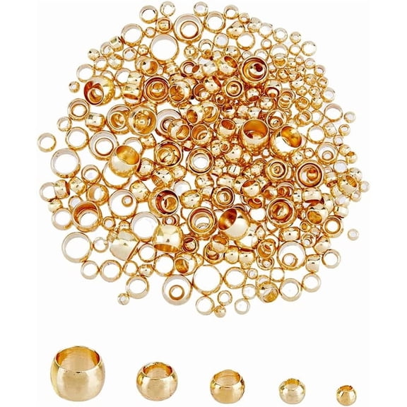 5 Sizes Real Gold Plated Brass Crimp Beads 400pcs Wire Knot Stop Loose Beads Hypoallergenic Rondelle Jewelry Beads
