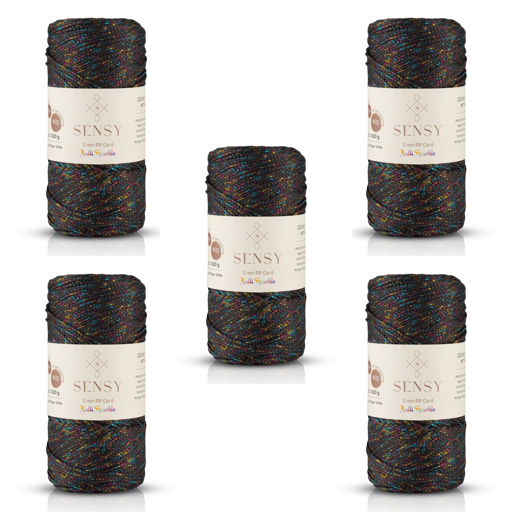 5 Skeins of Sensy Premium 2mm 251 Yards Sparkle Polyester Rope 90% Polypropylene 10% Polyester Cord Macrame Cord 2mm Crochet Bag Cord Macrame Rope Crochet Thread for Knitter (Anthracite Multi Sparkle)