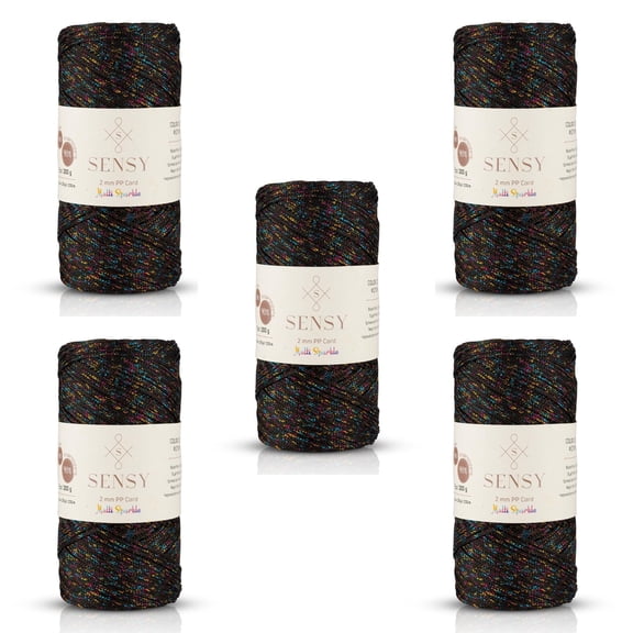 5 Skeins of Sensy Premium 2mm 251 Yards Sparkle Polyester Rope 90% Polypropylene 10% Polyester Cord Macrame Cord 2mm Crochet Bag Cord Macrame Rope Crochet Thread for Knitter (Black Multi Sparkle)