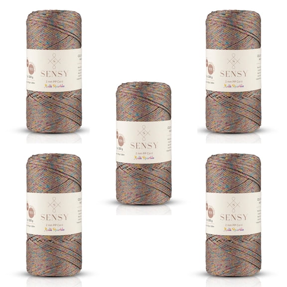 5 Skeins of Sensy Premium 2mm 251 Yards Sparkle Polyester Rope 90% Polypropylene 10% Polyester Cord Macrame Cord 2mm Crochet Bag Cord Macrame Rope Crochet Thread for Knitter (Mink Multi Sparkle)