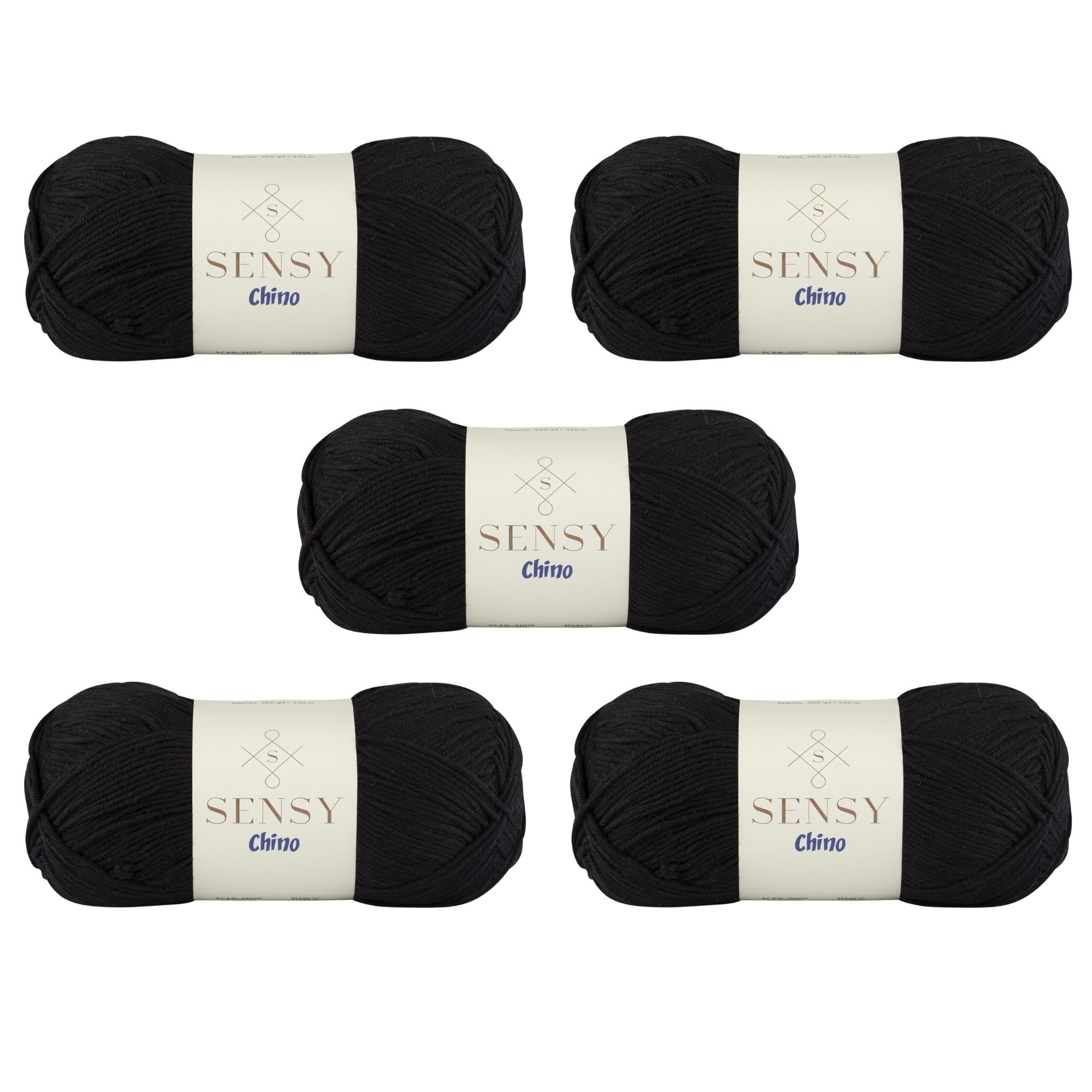 5 Skeins of Sensy Chino Soft Cotton Yarn, Soft Baby Cotton Yarn, Amigurumi Yarn, 3.5 oz, 360 Yards, Gauge 2 Fine (Black)