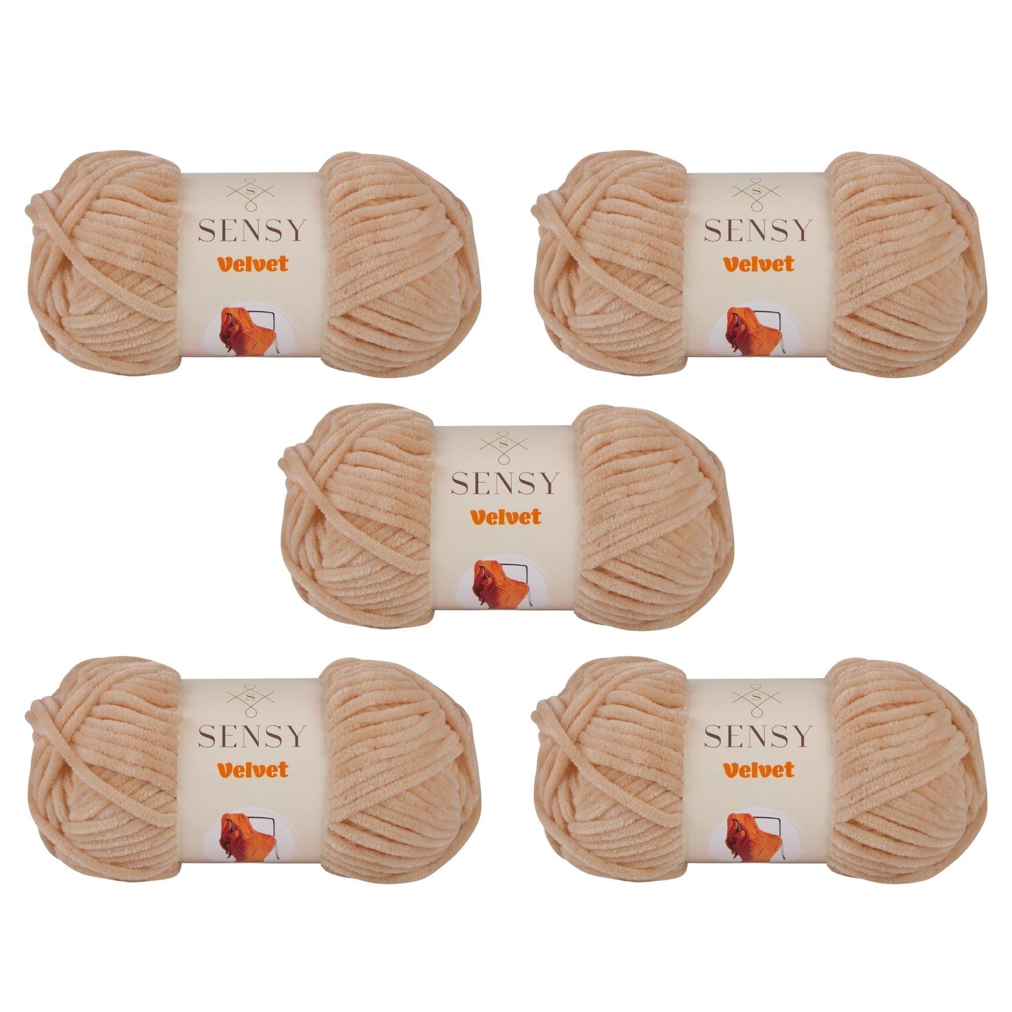 5 Skeins of Sensy Velvet Yarn for Crocheting, Baby Blanket Yarn, Chenille Yarn, Amigurumi Yarn, 3.5 oz, 132 Yards, Gauge 5 Bulky (Beige)
