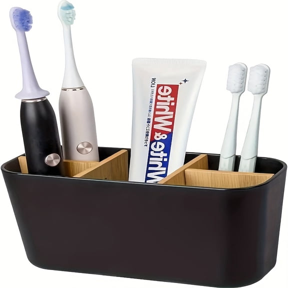 5-Slot Black Plastic Toothbrush Holder with Dividers - Lightweight, Freestanding Bathroom Countertop Organizer for Electric Toothbrushes, Toothpaste, Razors - Durable and Stylish Design