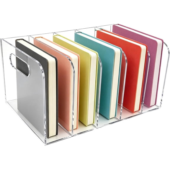 5-Slot Clear Acrylic File Organizer with Handle, Vertical Desktop Document Divider, Transparent File Rack for Desk, Sturdy 5 mm / 0.19 in Thick Office Home Tabletop Storage, 10.04 x 7.48 x 6.3 in