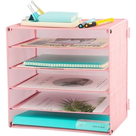 5 Slot Mesh Desk Organizer Tray, File Paper Letter Folder Holder Desktop Paper Sorter Mail Organization Rack Storage Accessories, for Office Home School Classroom, Pink