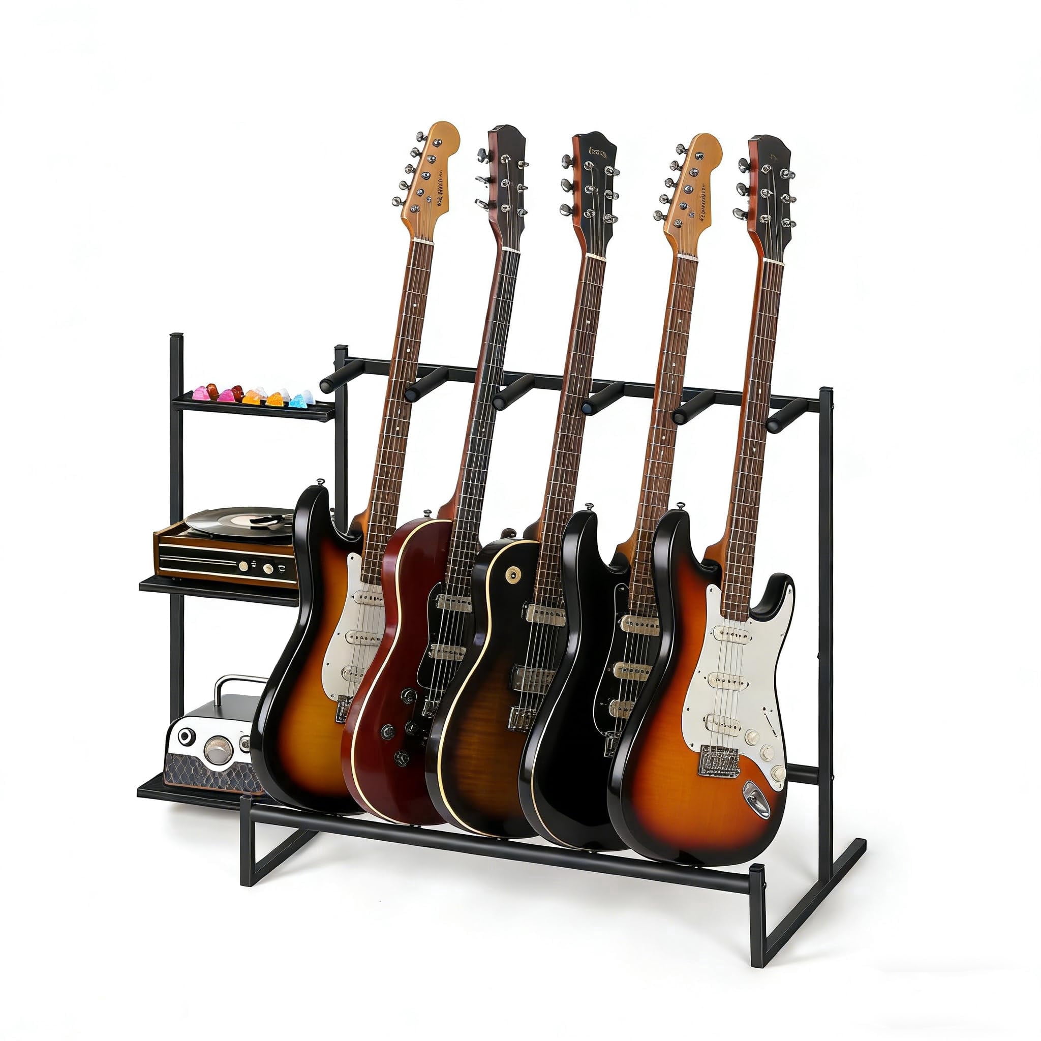 5-Slot Multi Guitar Stand Floor, Guitar Rack for Multiple Guitars with 3 Side Shelves, Guitar Holder for Bass, Acoustic, Electric Guitar, Banjo, Ukulele, Guitar Display Stand for Home Studio, Black