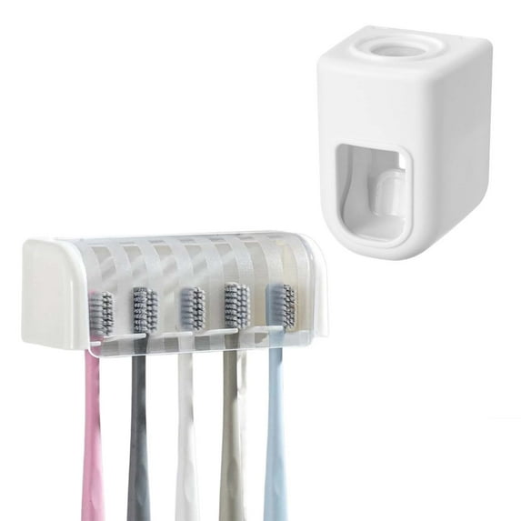 5 Slot Wall Mounted Toothbrush Holder with Cover, Shower Self-Adhesive Toothbrush Organizer with Toothpaste Dispenser