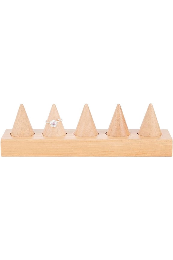 5-Slot Wooden Cone Ring Holder with Wood Base 1.1x1.5 inch Natural Burlywood Ring Display Stands Wedding Ring Holder Finger Display Retail Shows