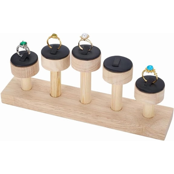 5-Slot Wooden Ring Holder 9.45x1.97x3.98inch Wooden Finger Ring Display Stand with Black PU Leather Rings Showcase Organization Holder for DIY Home Table or Retail Counter Display