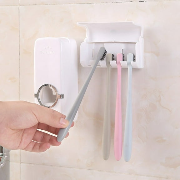 5 Slots Wall Mount Toothbrush Holder with Cover, Self Adhesive Toothbrush Storage Organizer for Shower, Toothbrush Hanger with Automatic Toothpaste Squeezer Dispenser